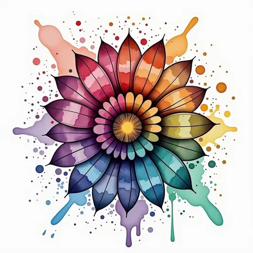 Prompt: This is a vibrant, digitally created artwork featuring a large, symmetrical flower with a central sunburst-like glow. The flower has 12 elongated petals that radiate outward in a circular pattern. Each petal is a gradient of vivid colors, starting with a deep purple at the base and transitioning through bright pink, orange, yellow, and finally to a bright blue at the tips. The petals have a glossy, almost metallic texture, with fine black lines accentuating their shape and adding depth. Surrounding the flower, there are splashes of colorful paint in various sizes and shapes, including dots, drips, and streaks, in hues of orange, yellow, green, blue, and purple. The background is a clean, stark white, which makes the colorful flower and paint splatters stand out prominently. The overall style is modern and abstract, with a focus on bold colors and dynamic patterns. The image has a sense of movement and energy, with the paint splatters adding a sense of spontaneity and creativity. The digital medium allows for crisp, clean lines and vibrant, saturated colors, giving the artwork a lively and eye-catching appearance.