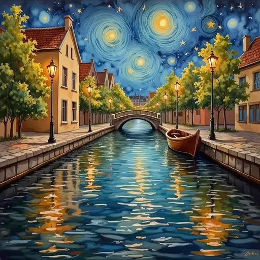 Prompt: This image is a digital painting in the style of Vincent van Gogh's "Starry Night," depicting a serene canal scene at night. The painting features a narrow, reflective canal running through the center of the image, bordered by cobblestone paths on either side. On the left and right sides, there are rows of yellow and orange buildings with red-tiled roofs and small, evenly spaced windows. Trees with green foliage line the canal, adding a touch of nature to the urban setting.

In the foreground, a small wooden rowboat is moored to the right bank of the canal, its reflection shimmering in the water. The canal's surface is depicted with swirling, textured brushstrokes, capturing the movement of the water. Above, the night sky is a deep blue, filled with swirling, starry patterns reminiscent of van Gogh's iconic style. Bright yellow stars and a prominent, circular swirl dominate the sky, casting a magical glow over the scene.

A small arched bridge spans the canal in the background, connecting the two sides. The overall color palette includes rich blues, yellows, and greens, creating a vibrant yet peaceful nighttime atmosphere. The painting's texture is dynamic, with visible brushstrokes adding depth and movement to the image.