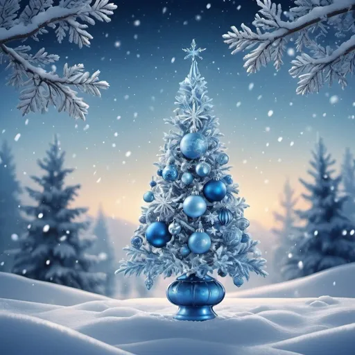 Prompt: Blue-themed Christmas tree, detailed ornaments, snowy background, winter wonderland, high quality, digital art, cool tones, festive atmosphere, sparkling lights, snowy landscape, holiday spirit, magical ambiance, frozen branches, enchanting glow, icy blue decor, best quality, highres, ultra-detailed, winter, snowy, holiday, cool tones, festive, magical, enchanting, sparkling lights, digital art, detailed ornaments, snowy background
