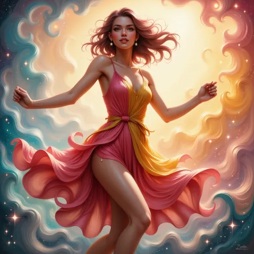 Prompt: dancing woman in a colorful dress, summer vibrancy, lively atmosphere, energy and joy, swirling colors, bright hues of red, yellow, and blue, sun-drenched background, whimsical movement, cheerful expression, sparkling sunlight, artistic impression, exquisite detailing, fluid motion, ultra-detailed, high-definition quality.
