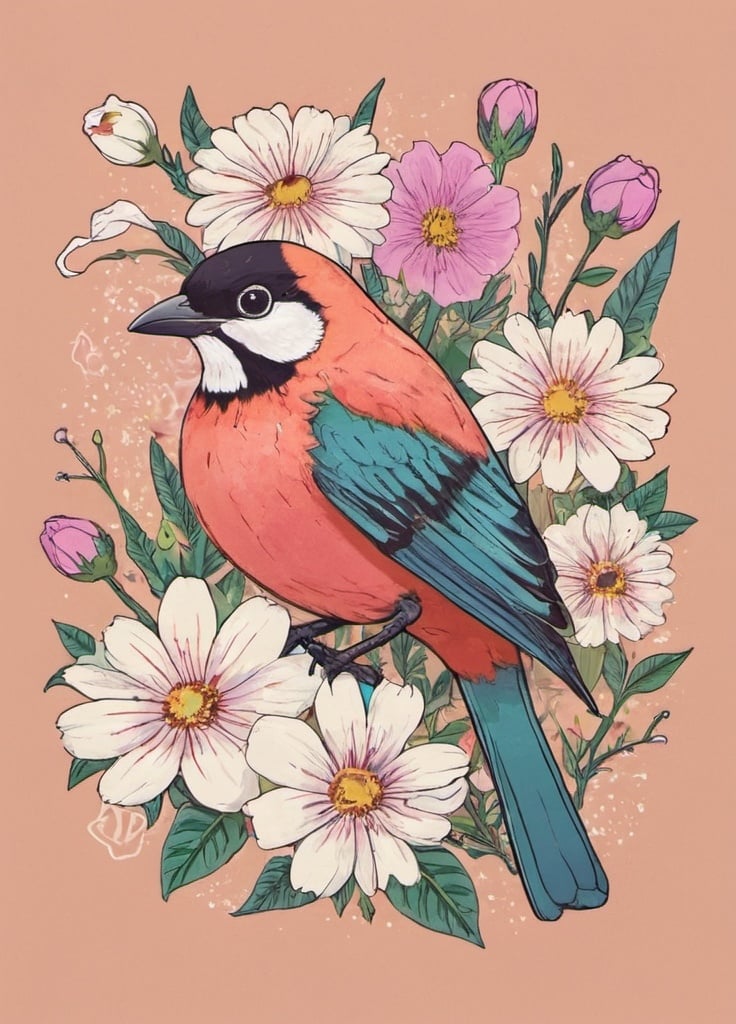 Prompt: bird and flowers