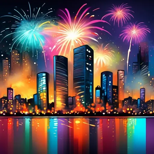 Prompt: cityscape with fireworks, high quality, graffiti style, vibrant tones, urban lighting