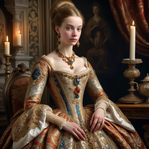 Prompt: Elegant 16th century noble woman, intricate gown adorned with rich brocade and lace, opulent jewelry glinting subtly, soft candlelight illuminating her serene expression, grand and lavish castle interiors as backdrop, detailed embroidery in vibrant hues, creating a regal and historical atmosphere, high-quality, ultra-detailed portrait.