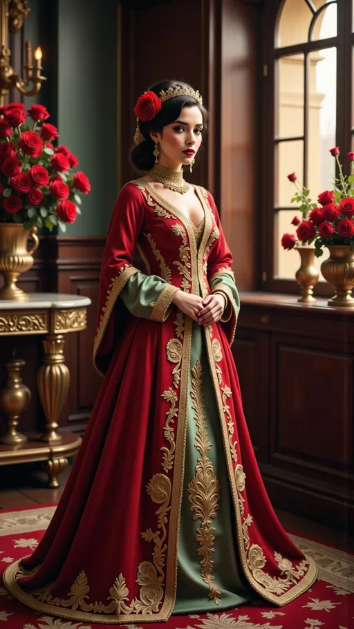 Prompt: Draped in a majestic gown of deep red adorned with intricate gold embroidery, a young woman stands gracefully within a richly adorned room, her expression exuding both poise and confidence. Her gown, featuring elegant details and a contrasting green panel, is complemented by a delicate crown of flowers woven into her hair, adding a touch of regal charm. Surrounding her, lush bouquets of red roses in ornate vases enhance the opulent atmosphere, while the warm light streaming through large windows casts soft shadows that dance across the richly decorated walls. The composition captures a timeless elegance, inviting viewers into a narrative of beauty and sophistication, set against the lavish backdrop of aristocratic grandeur.