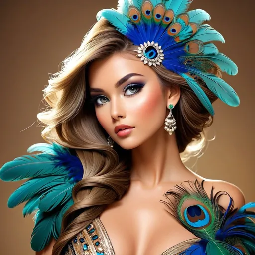 Prompt: <mymodel>beautiful makeup and hair on a gorgeous woman, paccock feathers in her hair