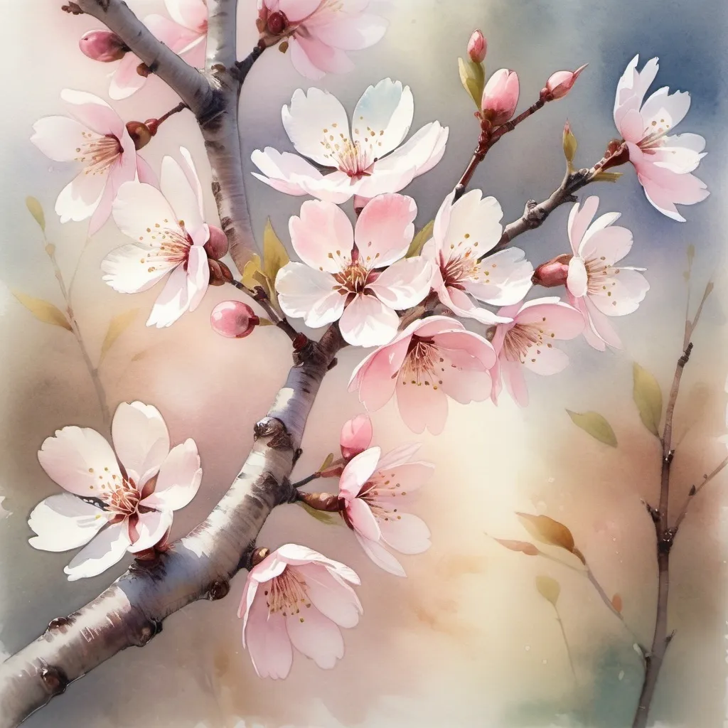 Prompt: Delicate, pastel watercolor painting of a blooming cherry blossom tree, soft and gentle brushstrokes, ethereal and dreamy atmosphere, high quality, watercolor, pastel tones, floral, soft brushstrokes, serene, gentle, delicate petals, tranquil, artistic, atmospheric lighting