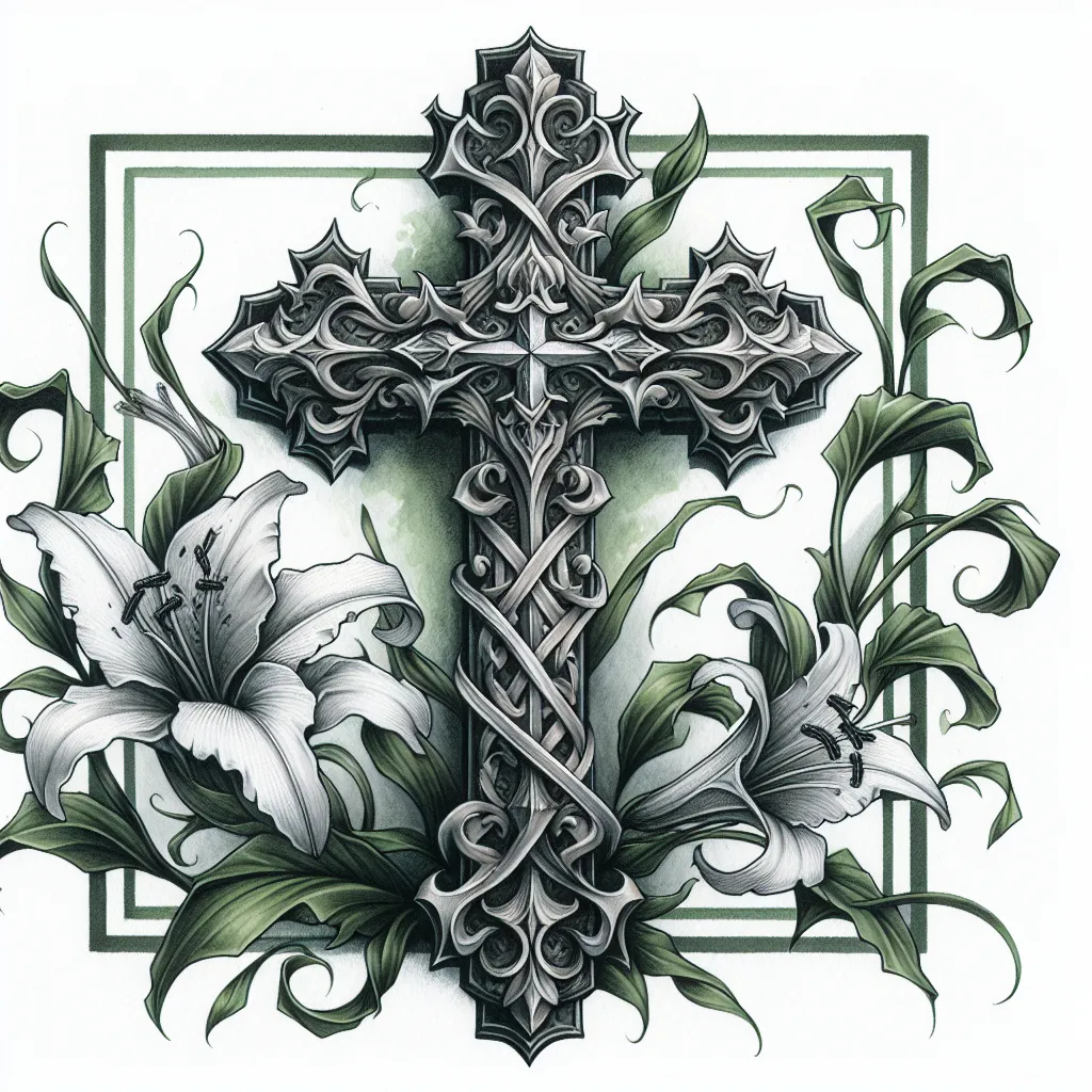 Prompt: a cross with lilies and vines and leaves on it, painted in watercolors on a white background, with a green border, Anne Stokes, gothic art, tattoos, a tattoo