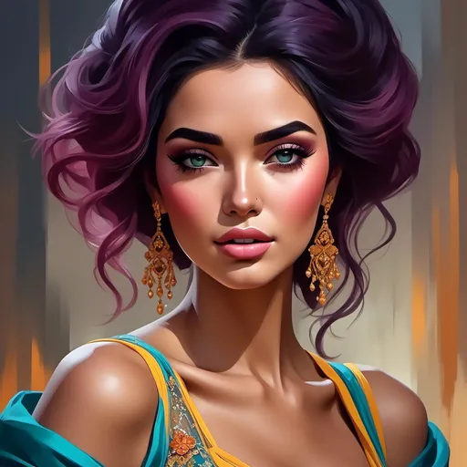 Prompt: <mymodel>digital painting, dramatic colourful makeup, high fashion, intense gaze, realistic portrayal, vibrant colors, detailed features, highres, professional, dramatic, realistic, digital painting, intense gaze, vibrant colors, detailed features, high fashion, glamorous lighting