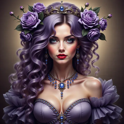 Prompt: a woman with purple hair and a crown on her head with roses around her head and a necklace on her neck, Anna Dittmann, gothic art, highly detailed digital painting, a digital painting