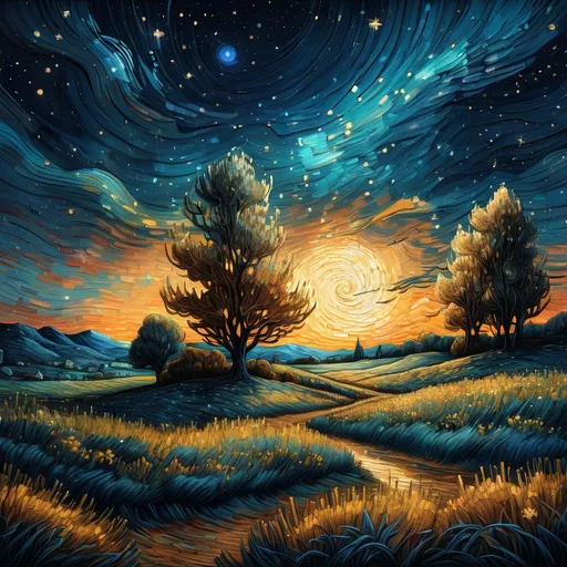 Prompt: a  landscape with a night sky background and stars in the sky,  Van Gogh sky, Dan Mumford, post-impressionism, stars, a detailed painting