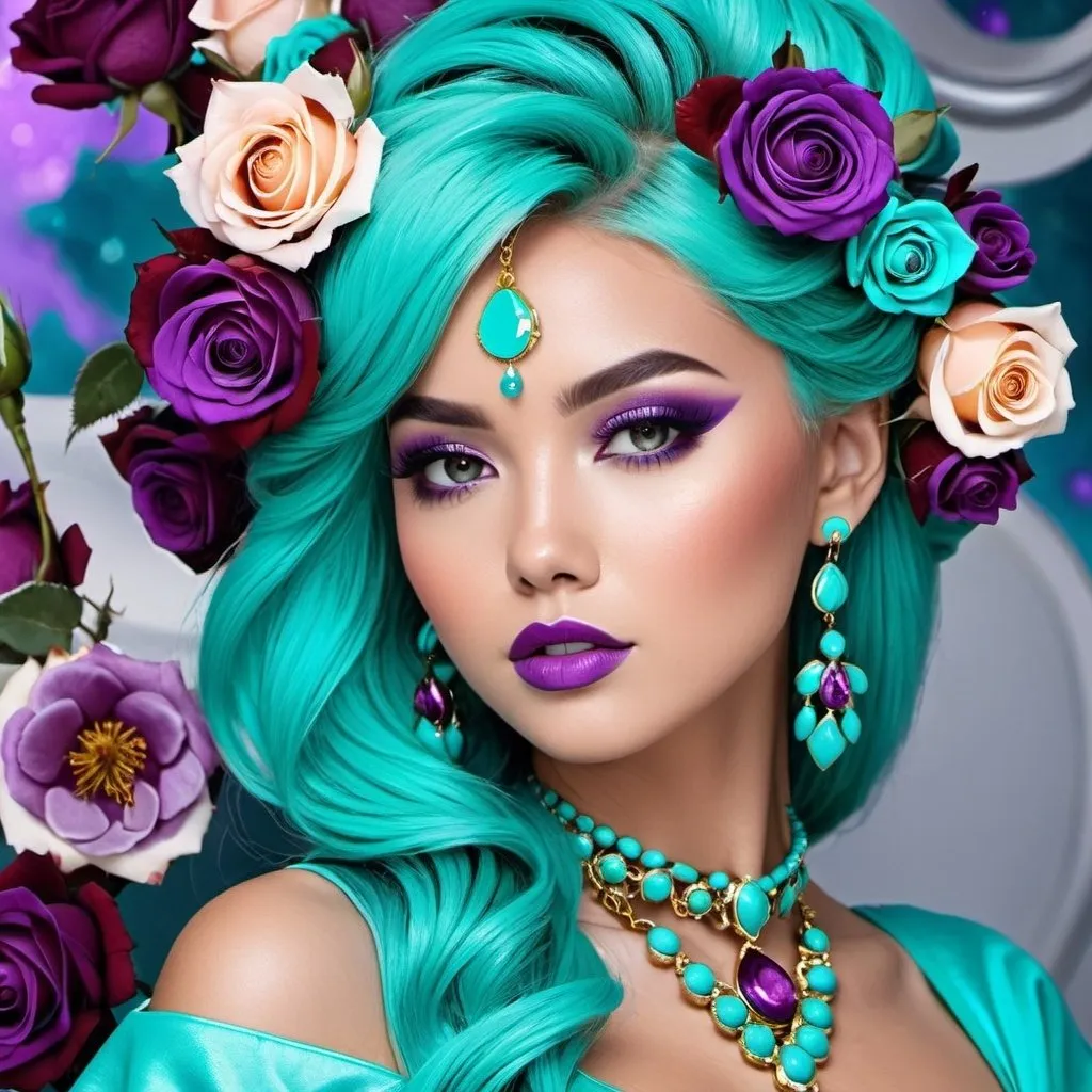 Prompt: <mymodel>Cosmic Epic Beauty, Beautiful and Gorgeous, purple roses in hair and wearing turquoise jewelry