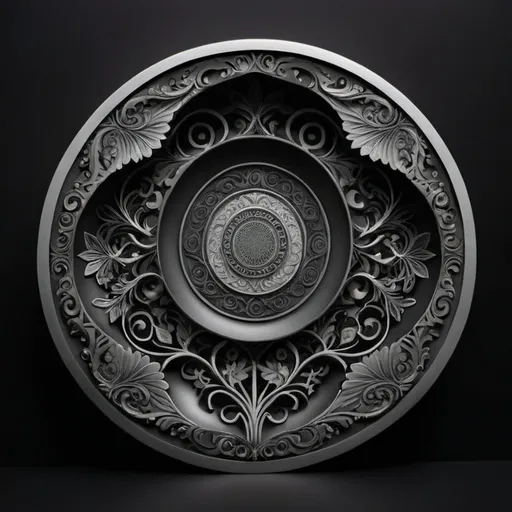 Prompt: This image is a highly detailed, digital CGI rendering of an ornate, circular metal plate. The plate features a central spiral design with concentric rings, resembling a mandala or labyrinth, surrounded by intricate, swirling patterns and leaf motifs. The metalwork is highly textured, with raised, three-dimensional leaves and curls that create a sense of depth and movement. The plate has a dark, metallic silver color with subtle shading that enhances the three-dimensional effect. The background is solid black, which contrasts sharply with the plate, making the intricate details stand out. The overall style is reminiscent of Gothic or Art Nouveau design, with a focus on organic, flowing forms and complex patterns. The image is highly realistic, capturing the texture and intricacy of the metalwork with precision. The plate is centered in the image, occupying most of the frame, and the black background provides a stark, minimalist contrast that emphasizes the plate's elaborate design.