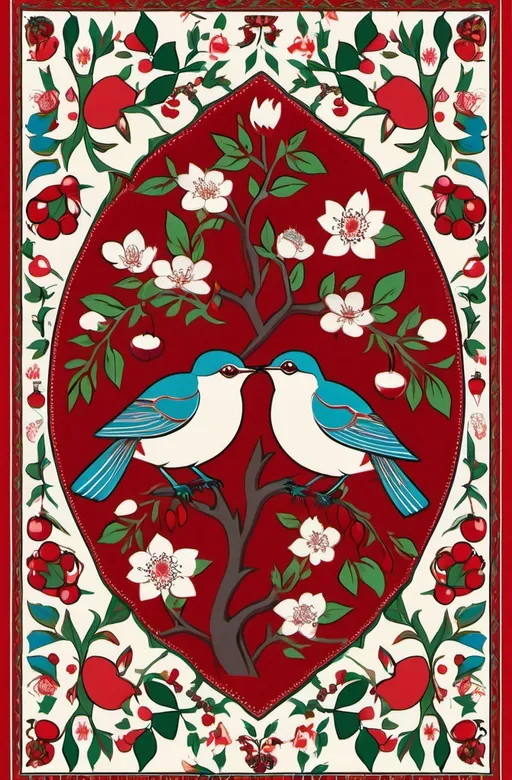 Prompt: A colorful design in the dimensions of 140centimeteres by 140 centimeters. It's main theme is red and white. There are pomegranates and cherry blossoms. with some green leaves and branches. It has some birds. Traditional Iranian style