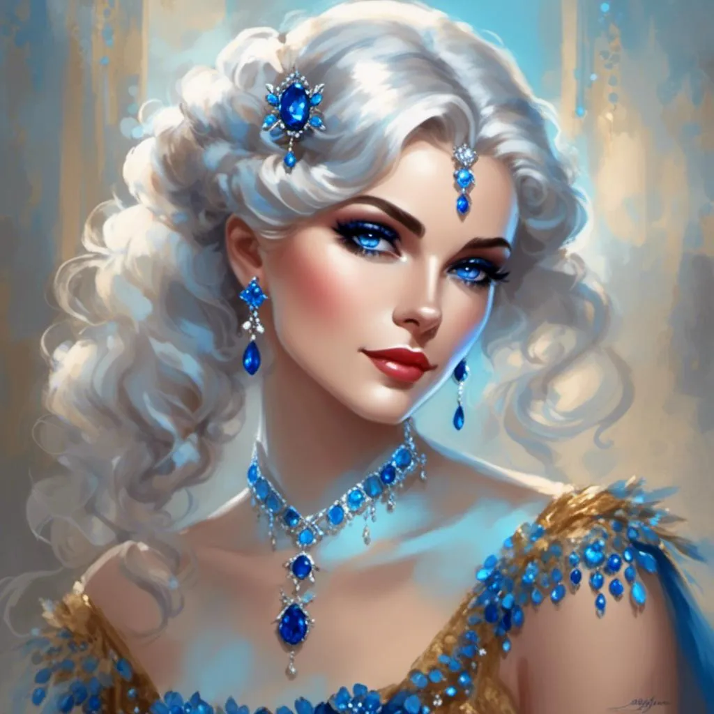 Prompt: <mymodel>A beautiful woman, white hair, blue eyes, blue eyeshadow, blue jewels on forehead