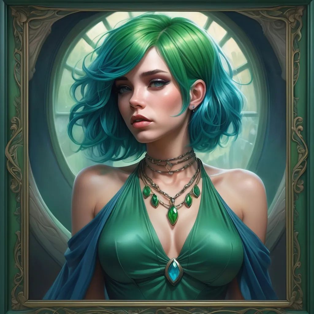 Prompt: a woman with green hair and a necklace on her neck and a blue dress on her chest . Artgerm, fantasy art, highly detailed digital painting, an ultrafine detailed painting