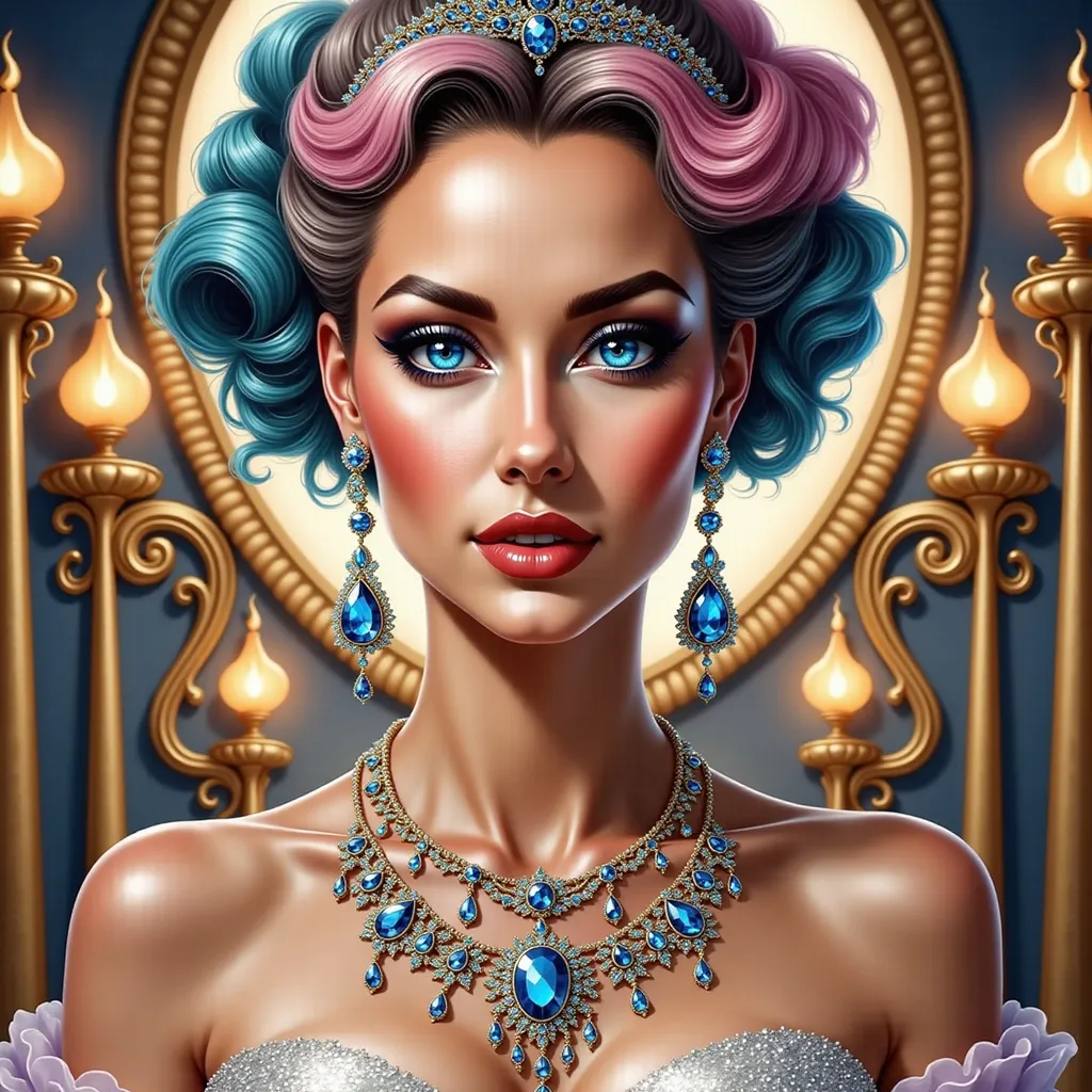 Prompt: a woman with pink/aqua hair in an uupdo wearinng a tiara and a necklace on her neck, Edwin Georgi, fantasy art, highly detailed digital painting, an art deco painting