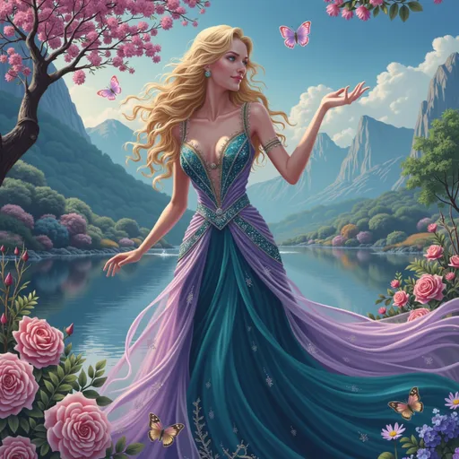 Prompt: In a serene, enchanting landscape, a beautiful woman stands with grace, clad in a stunning gown that shimmers with teal and lavender hues, accented by intricate beadwork and flowing fabric that reflects the soft sunlight. Her long, wavy blonde hair cascades elegantly over her shoulders, while she holds one hand delicately in the air, with a soft smile that invites an air of warmth and wonder. Surrounding her, lush floral arrangements burst with vibrant colors, including roses and delicate butterflies fluttering nearby, which enhances the magical atmosphere. In the background, tranquil waters mirror the pastel-toned mountains and trees, creating a dreamlike scene that harmoniously blends beauty and nature. This captivating tableau evokes a sense of whimsy and tranquility, portraying a moment suspended in a fairy-tale realm.