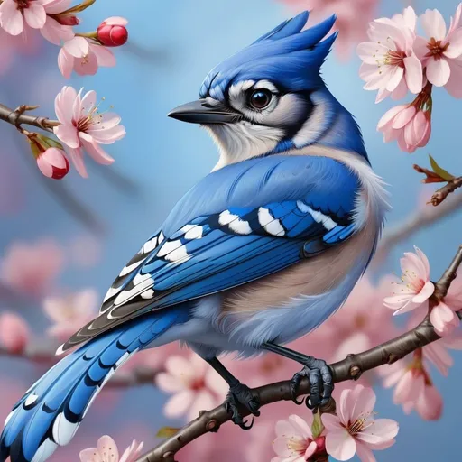 Prompt: Bluejay perched on a  cherry blossom branch, realistic digital painting, detailed feathers and vibrant colors, high resolution, realistic style, natural lighting, vibrant colors, detailed feathers, realistic, high quality