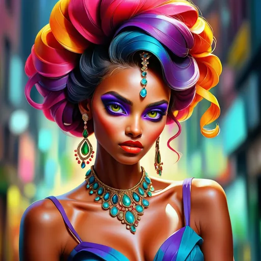 Prompt: digital painting, dramatic colourful makeup, high fashion, intense gaze, realistic portrayal, vibrant colors, detailed features, highres, professional, dramatic, realistic, digital painting, intense gaze, vibrant colors, detailed features, high fashion, glamorous lighting