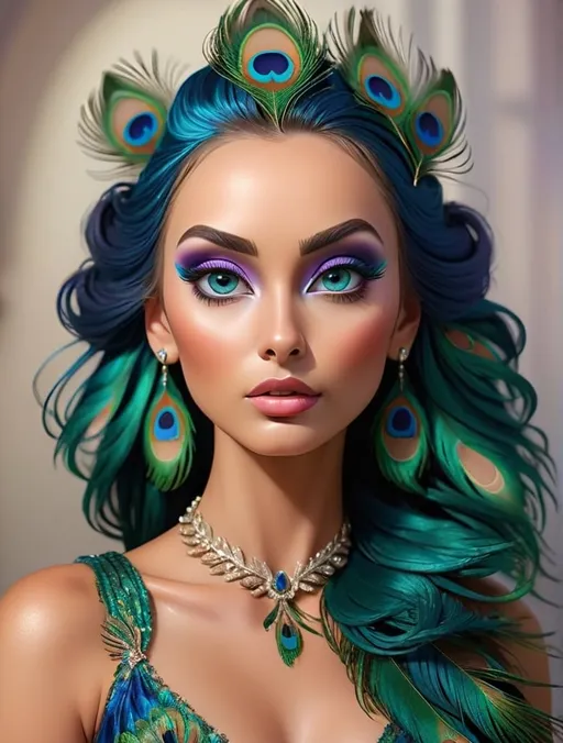 Prompt: Gorgeous woman with beautiful makeup and hair, peacock feathers, high-quality, detailed, realistic, elegant, vibrant colors, professional makeup, glamorous lighting, 4k resolution, portrait, detailed facial features, luxurious, exotic, peacock feathers, elegant hairstyle, stunning makeup, beauty shot