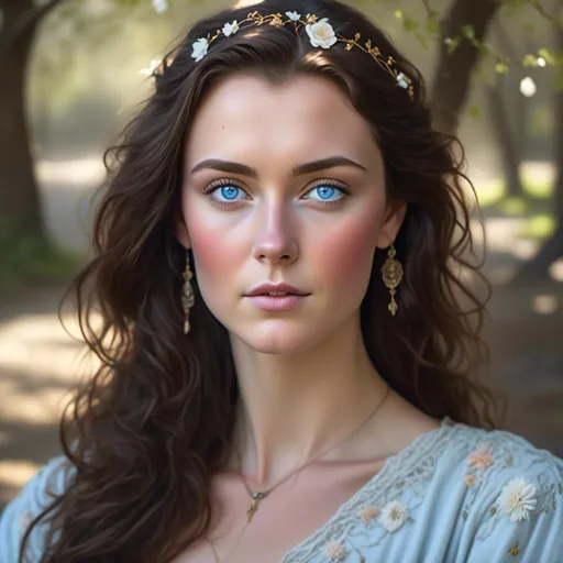 Prompt: <mymodel>Beautiful brunette inside, detailed facial features, she is in her mid 30s, blue eyes, natural light, relaxed lighting, high quality, realistic, detailed, park setting, peaceful, natural beauty, brunette hair, blue eyes, detailed facial features, calm, serene, warm lighting