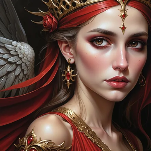 Prompt: a woman with a crown on her head and wings on her back and a red dress with gold trimmings and a red dress with gold trim, Anne Stokes, gothic art, dark fantasy art, a detailed painting