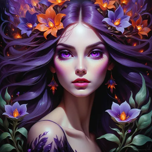 Prompt: Beautiful  hybrid woman with purple flowers sprouting from her, oil painting,ethereal glow, dark and mysterious, high quality, vibrant colors, surreal, haunting, intricate floral details, intense gaze, mystical atmosphere, oil painting, demon, hybrid, fiery eyes, ethereal, vibrant colors, surreal, haunting, floral details, intense gaze, mystical atmosphere