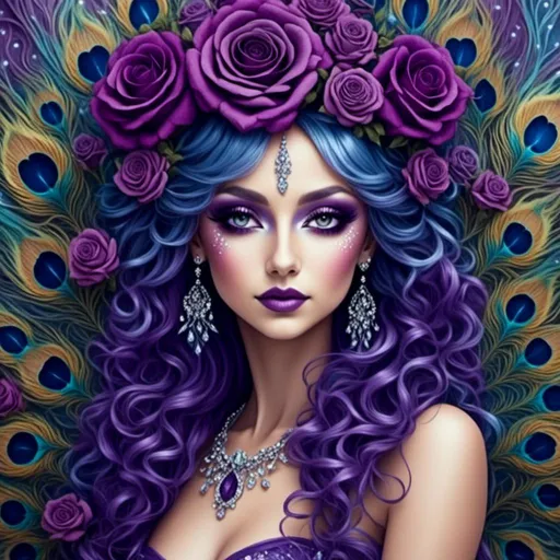 Prompt: <mymodel> peacock fairy goddess, purple roses, facial closeup