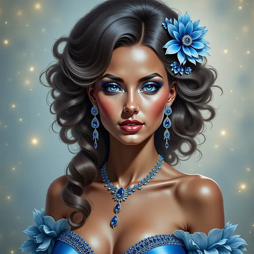 Prompt: (A woman all in blue), striking blue eyes, glamorous makeup, gently flowing blue attire, soft textures, (vibrant cool tones), alluring pose, intricate hairstyle, subtle highlights, (elegant ambiance), dreamy atmospheric background with gentle lighting, high detail, artfully capturing the elegance and beauty, showcasing depth and character, (ultra-detailed HD).