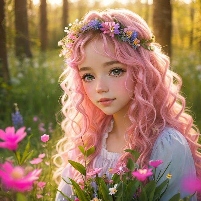 Prompt: a young fairy of spring, very curly hair, pink glow on cheeks,wildflowers, vivid colors, closeup