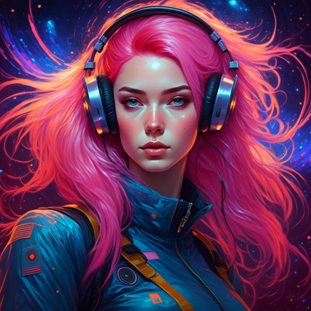 Prompt: <mymodel> a woman with headphones and a pink hair wearing headphones and a blue suit with a red hair, Android Jones, space art, highly detailed digital painting, cyberpunk art