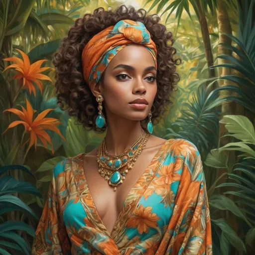 Prompt: Draped in vibrant fabrics, a striking figure stands against a lush, tropical backdrop, radiating both elegance and confidence. Her expressive gaze, framed by voluminous, curly hair crowned with an ornate orange headwrap, captures attention immediately, while elaborate jewelry in hues of turquoise and gold adds an air of sophistication. The outfit, adorned with leaf motifs, hints at a festive or cultural celebration, complemented by the warm, natural light filtering through the greenery around her. The overall composition beautifully merges the subject's bold attire with the serene vitality of the garden setting, conveying a sense of joy and cultural pride.