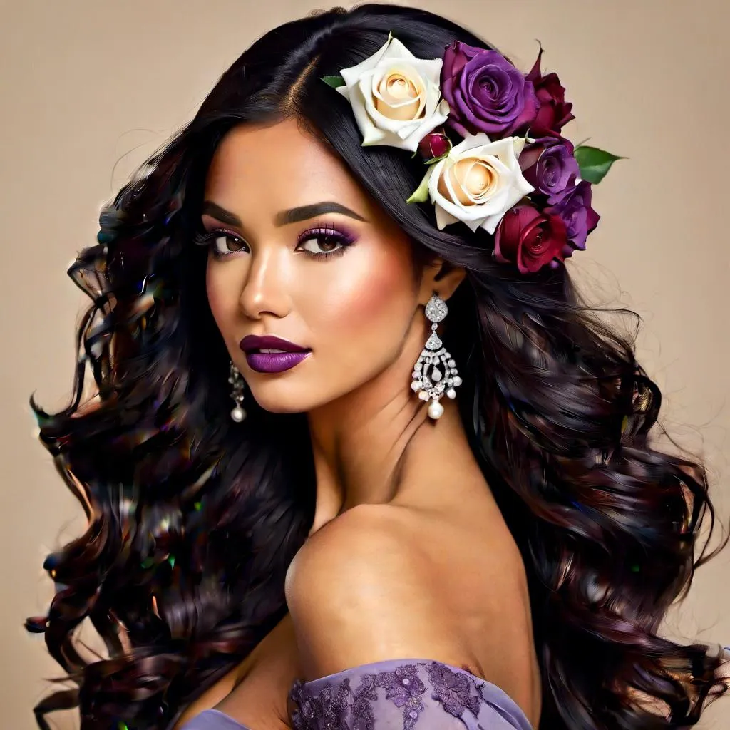 Prompt: <mymodel>Cosmic Epic Beauty, Beautiful and Gorgeous, purple roses in hair