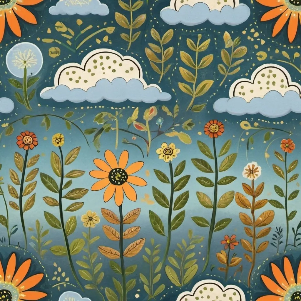 Prompt: Wild flower and clouds in the style of Edward Tingatinga, in a whimsical folk art style with soft blue, pea green, green gold, guava colours