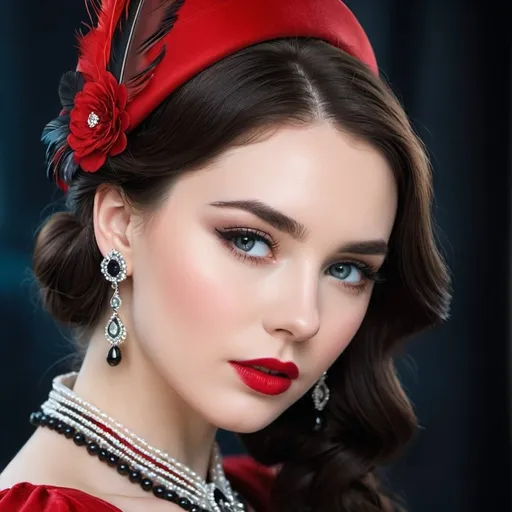 Prompt: <mymodel>fashionable 1st class  female passenger on the Titanic, pale skin, dark styled hair, large lips,  looking sad, facial closeup, vibrant colors, red dress and elaborate hat with feathers
