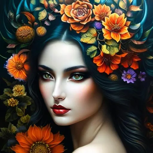 Prompt: Beautiful  hybrid woman with orange flowers sprouting from her, oil painting, detailed fiery eyes, ethereal glow, dark and mysterious, high quality, vibrant colors, surreal, haunting, intricate floral details, intense gaze, mystical atmosphere, oil painting, demon, hybrid, fiery eyes, ethereal, vibrant colors, surreal, haunting, floral details, intense gaze, mystical atmosphere