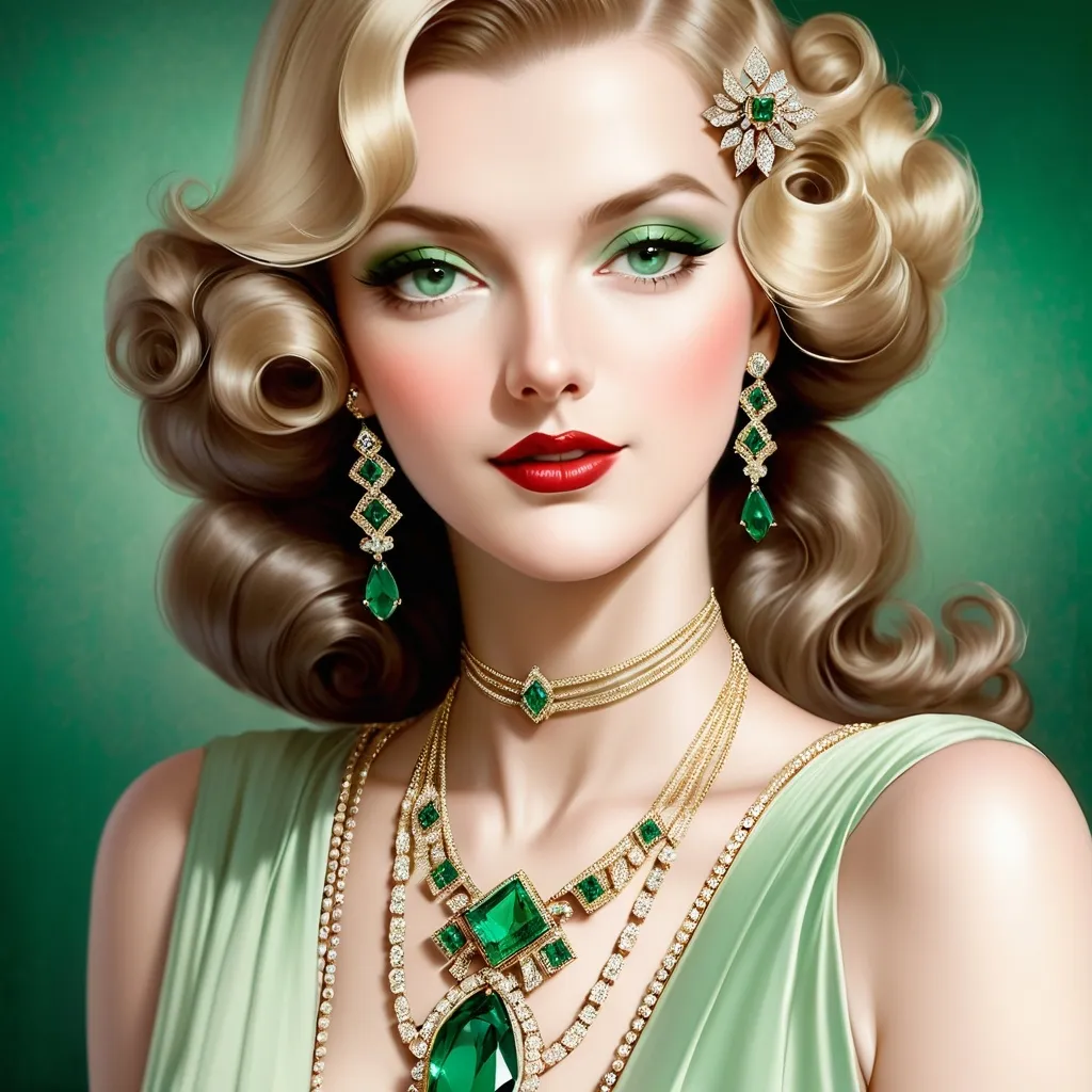 Prompt: Glamorously dressed lady of rhe 1930's wearing emerald jewelry