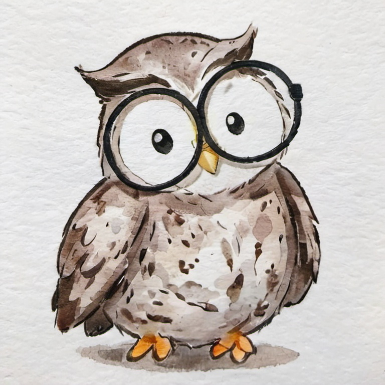 Prompt: Draw a simple logo of a happy, old owl with spectacles. 