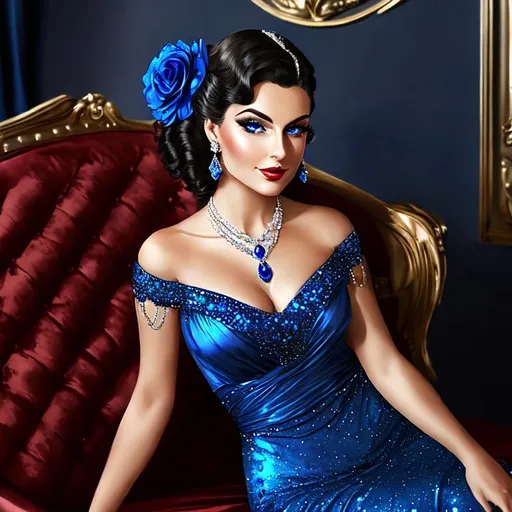 Prompt: Glamorously dressed lady of rhe 1930's wearing sapphire jewelry,blue eyes