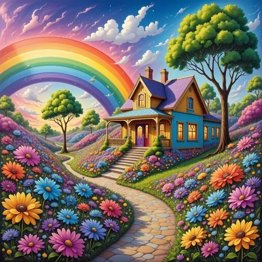 Prompt: a rainbow colored house surrounded by flowers and trees with a rainbow in the background and a rainbow - colored sky, Anne Stokes, fantasy art, kinkade, a detailed matte painting