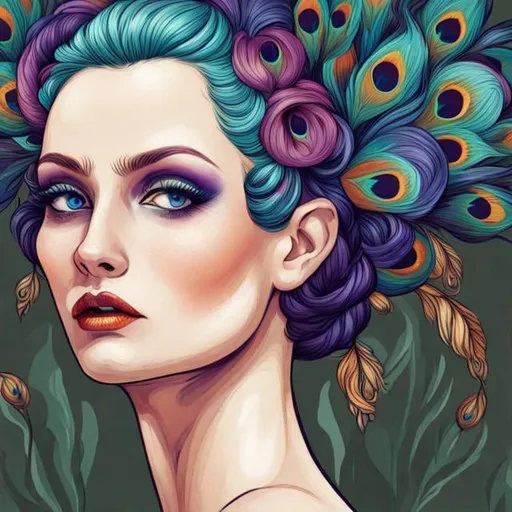 Prompt: dynamic composition of a pale skinned woman with hair of flowers and peacock plummage  of aqua, orange and purplepurple, ornate details,lacey clothes, facial closeup