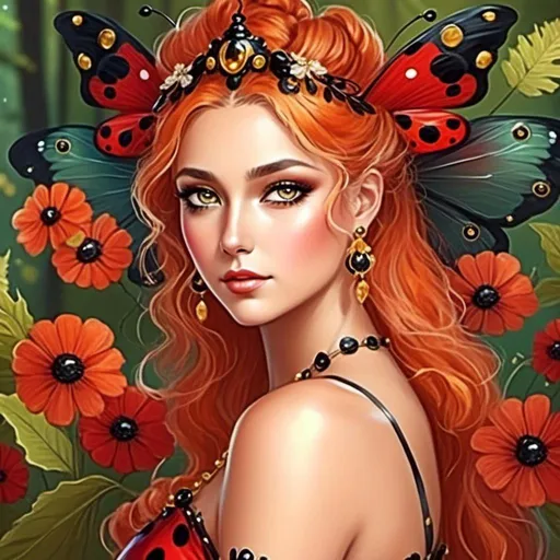 Prompt: Ladybug fairy goddess, digital illustration, serene woodland setting, intricate wings with holographic details, ethereal and magical vibe, vibrant and saturated colors, elegant and graceful pose, fine art quality, high resolution, fantasy, whimsical, holographic wings, magical, ethereal, vibrant colors, woodland, serene, elegant pose, fine art quality, detailed artwork<mymodel>