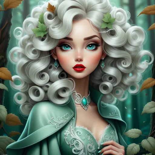 Prompt: The beautiful young lady with curly blowing platinum hair illustration art by Lori Earley, Daria Endresen, Tristan Eaton. Whimsical forest background, Extremely detailed, intricate, beautiful. 
