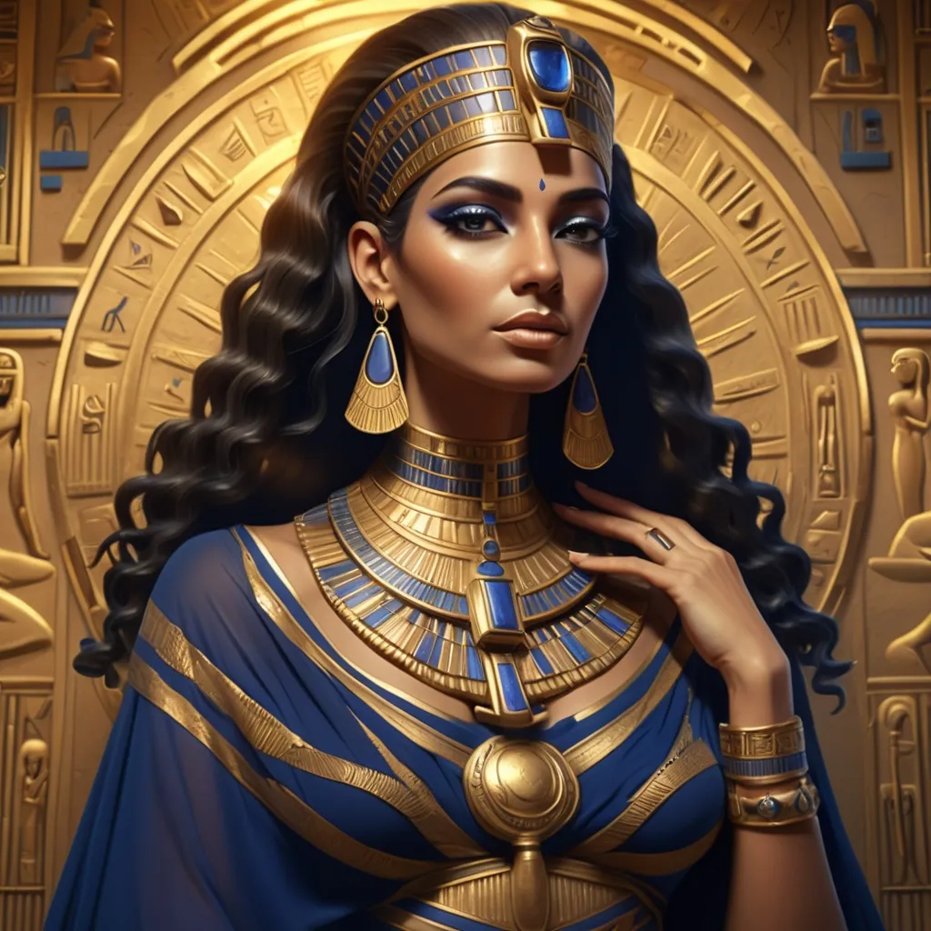 Prompt: (Ancient Egyptian queen), adorned in ornate gold jewelry, wearing a flowing royal gown, intricate hieroglyphs in the background, warm golden tones with deep blues, regal posture exuding power and grace, captivating expression reflecting wisdom and strength, surrounded by ancient artifacts, highly detailed, ethereal ambiance evoking mystique, (ultra-detailed), (4K).