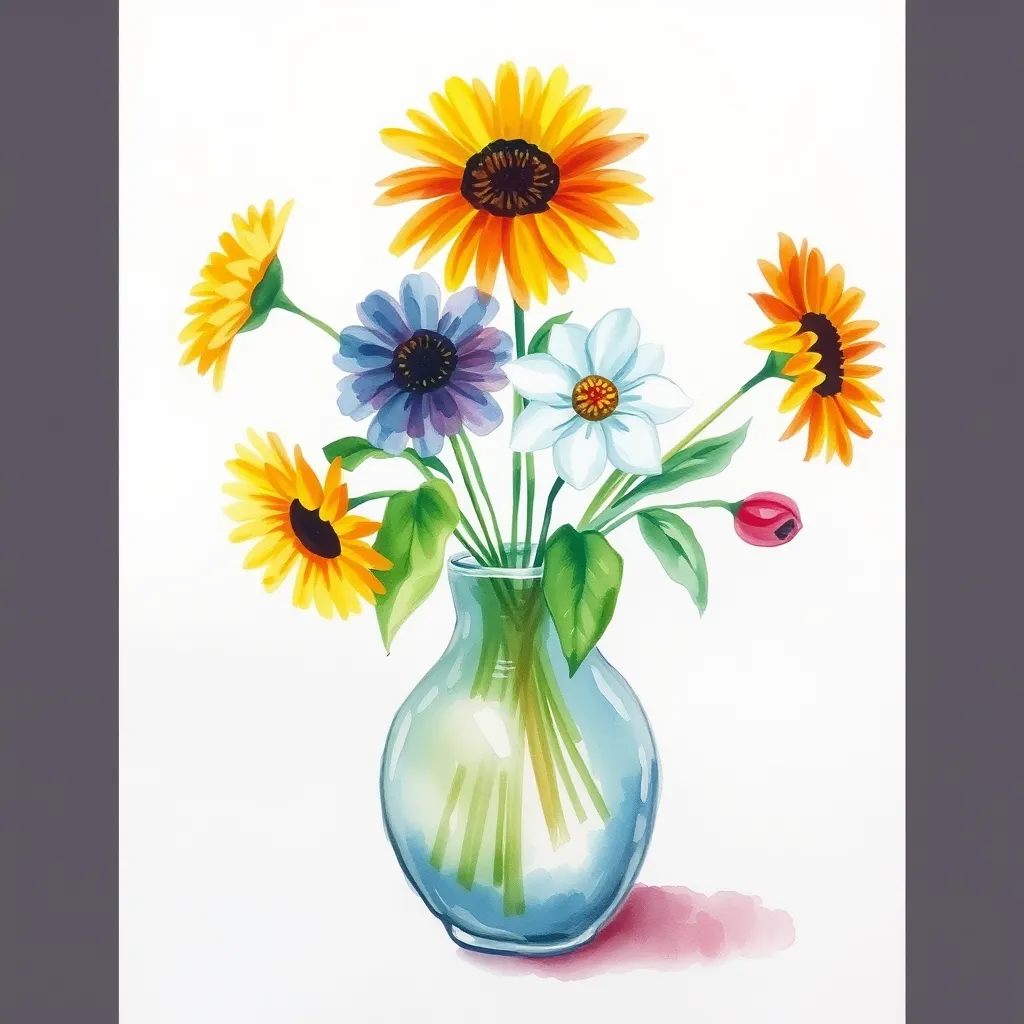 Prompt: A watercolor  painting of a vase  of flowers