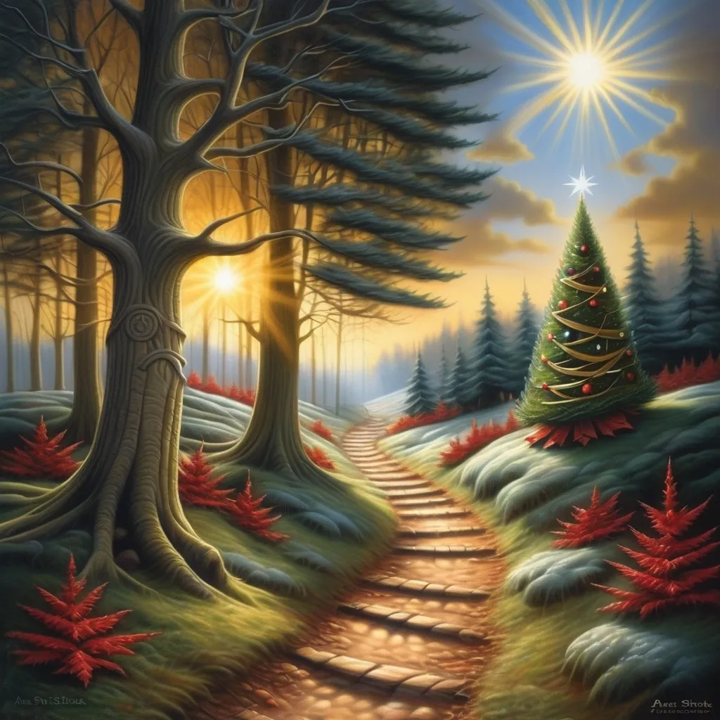 Prompt: a painting of a path leading to a christmas tree in the woods with a sun shining through the trees, Anne Stokes, magical realism, magical, a storybook illustration