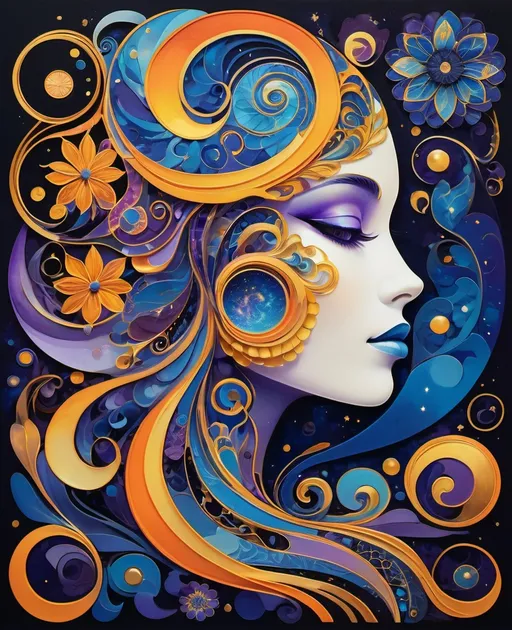 Prompt: A vibrant, abstract portrait blending human features with cosmic and floral elements. Swirls of blue, purple, orange, and gold come together to form a side profile of a face. The image exudes a psychedelic, dream-like quality with intricate patterns reminiscent of art nouveau intertwined with celestial motifs on a dark, textured background.