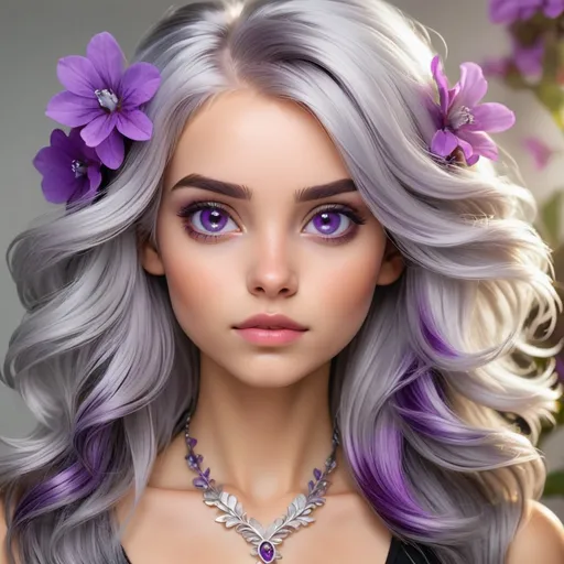 Prompt: young woman with shiny silver hair with purple highlights, gray eyes, purple flowers