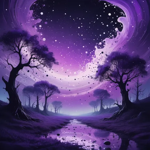 Prompt: beautiful Like storybook steeped in nightmare bathed in a purple sky Stars splattered like flecks of paint. Falling. in electronic dreamscape art style
