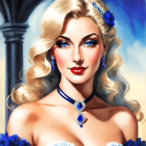 Prompt: Glamorously dressed lady of rhe 1930's wearing sapphire jewelry,blue eyes